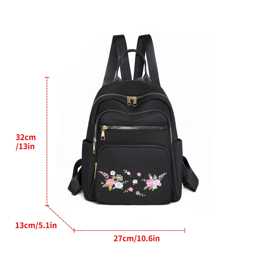 Fashion Nylon Backpack For Women Embroidery Design Student School Bag Leisure Travel Rucksack Popular Girl Commuting Sac A Dos - Clikcy
