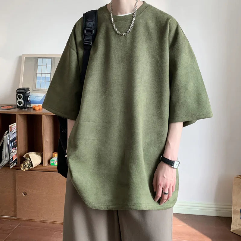 Summer Short Sleeved T-shirt Men Fashion Solid Color Round Neck T Shirt Men Streetwear Loose Suede Tshirt Mens Top M-3XL - Clikcy