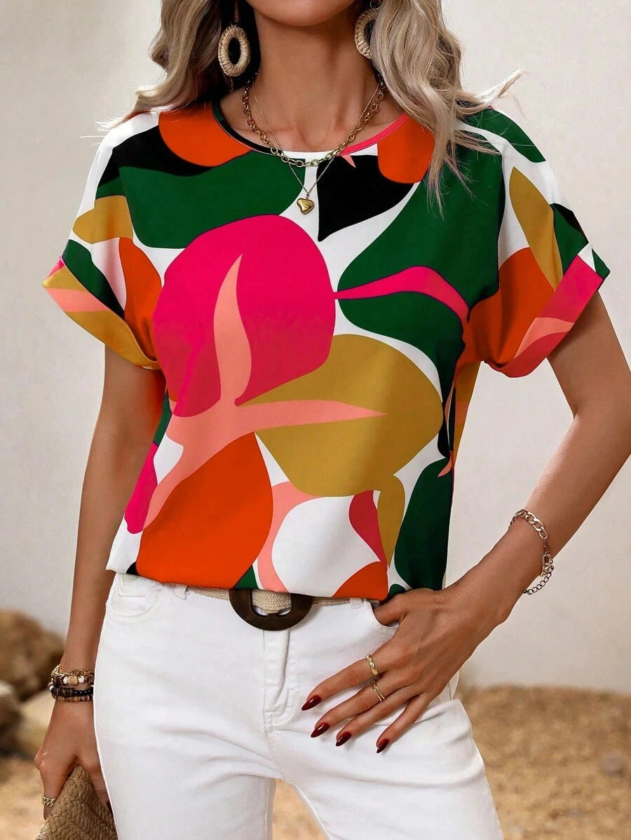 Women's round neck T-shirt Summer outdoor fashion short-sleeved tops Oversize loose ladies clothing Flower printing trend style - Clikcy