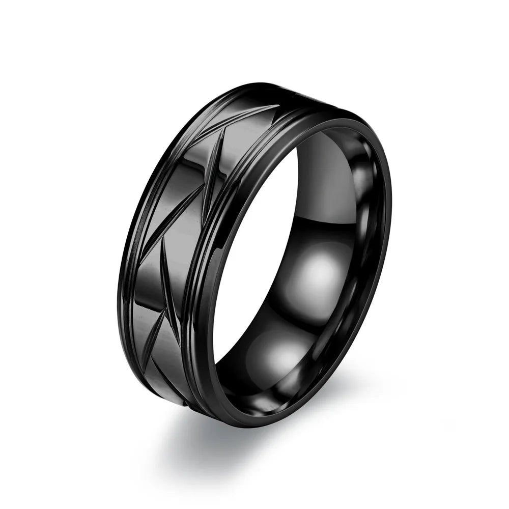 Fashion Men’s Silver Color Black Stainless Steel Ring Groove Multi-Faceted Ring for Men Women Engagement Ring Anniversary Gifts - Clikcy