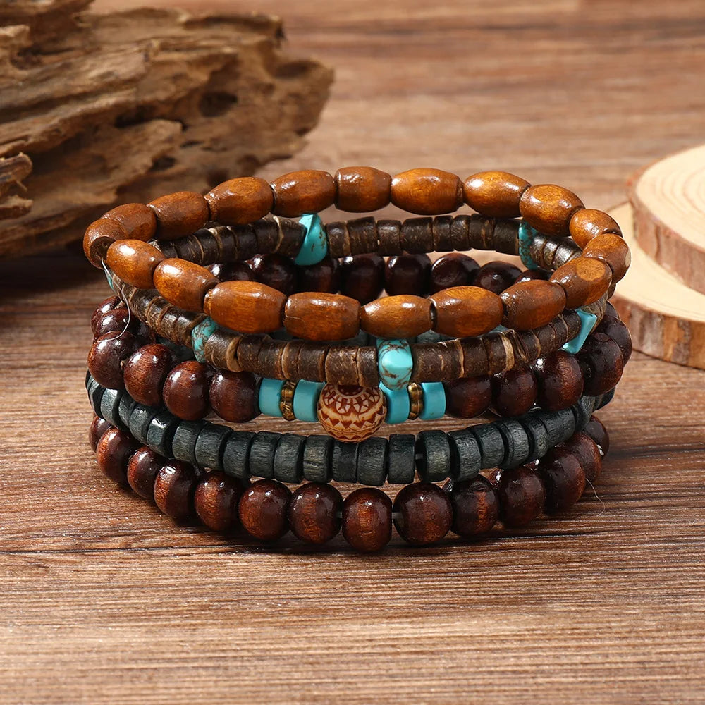 Cross Life Tree 5Pcs/set Vintage Bronze Ethnic Casual Wood Beads Feather Charm Leather Women Bracelets Men Male Jewelry - Clikcy