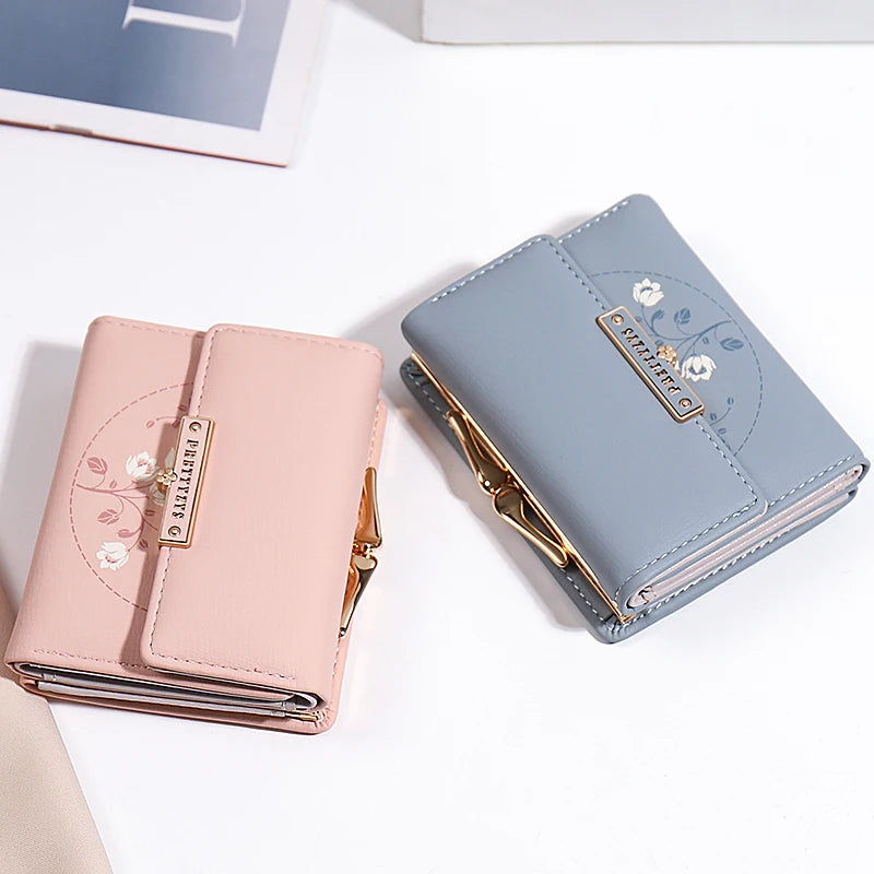 Purse women's summer new Korean PU printed buckle 3 fold bag simple all-in-one short women's money clip multi-card folding flap - Clikcy
