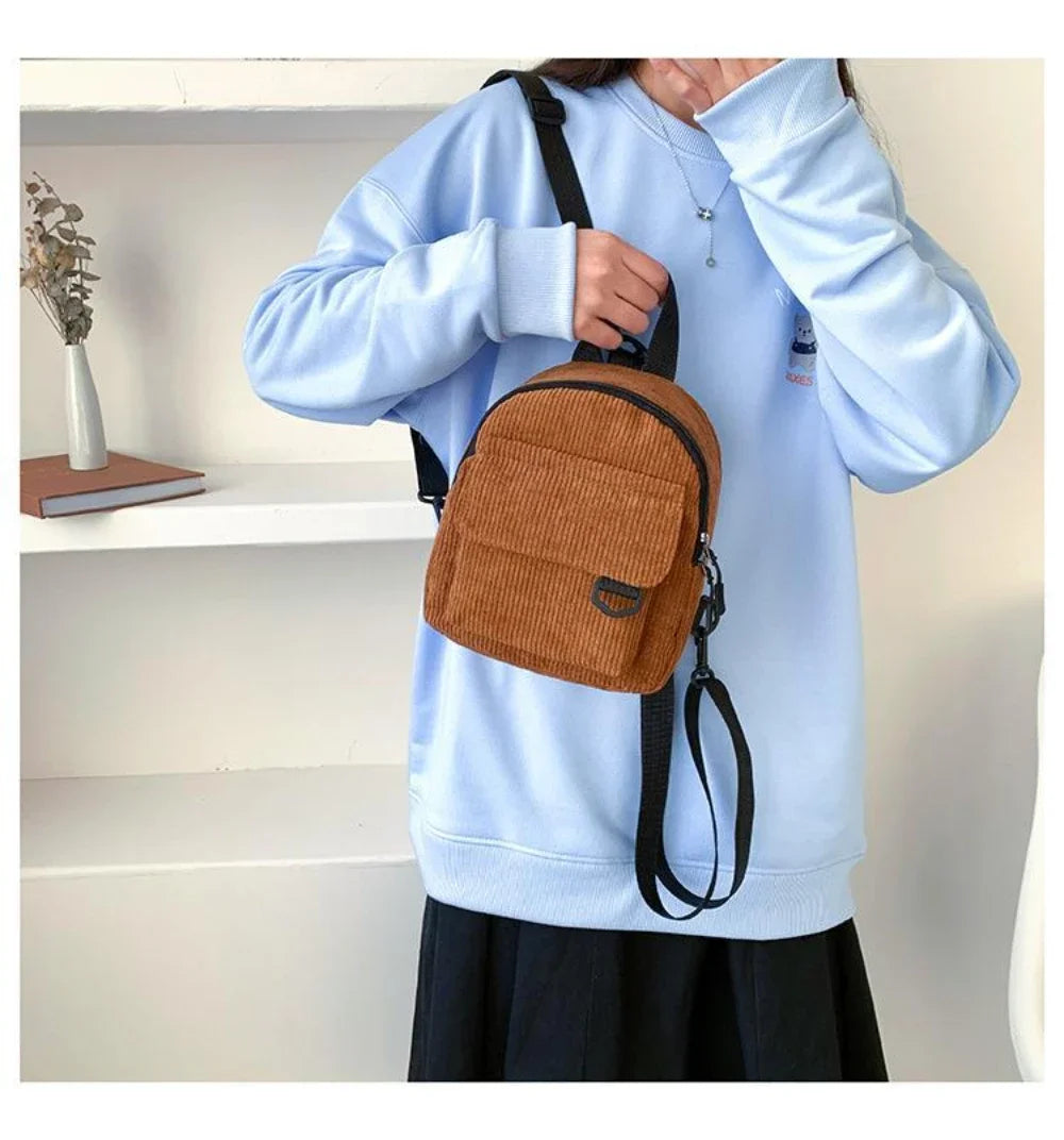 Women's Mini Backpack Fashion Solid Color Corduroy Small Simple Casual Traveling Large Capacity Durable Female's Schoolbag - Clikcy