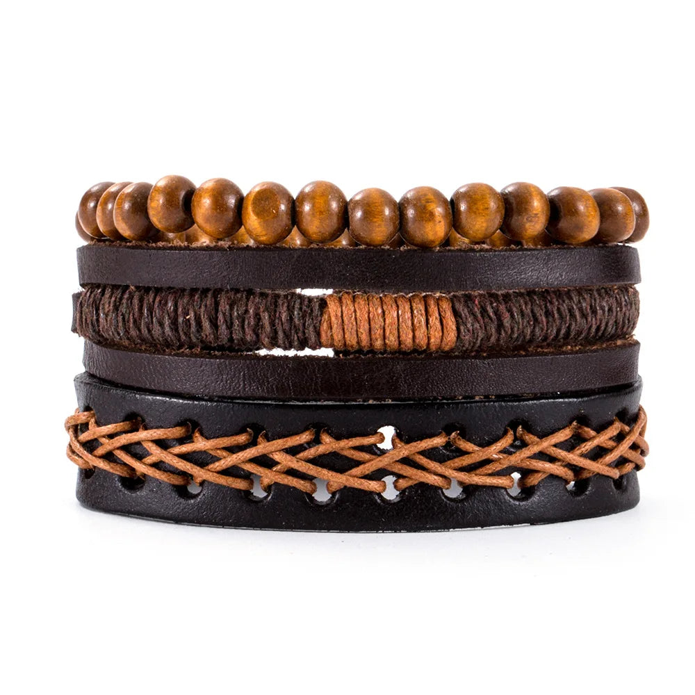 Vintage Leather Hand-knitted Couple Bracelet Set for Men Women Personality Design World Tree Bangle Jewelry Accessories Gift