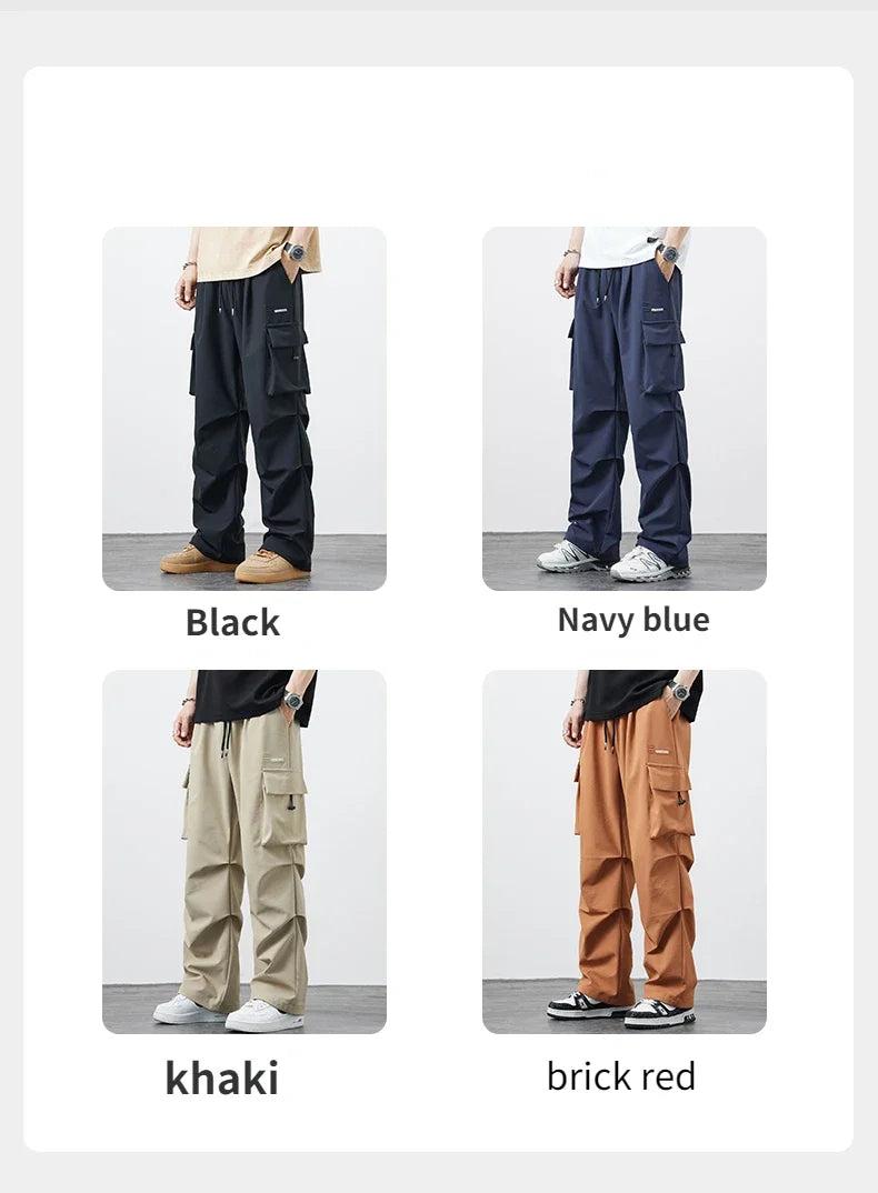 New Plus Size 8XL Men Casual Straight Pants Trousers Ice Silk Fashion Hip Hop Sweatpants Outdoor Stand Pocket Cargo Pants Y2K - Clikcy
