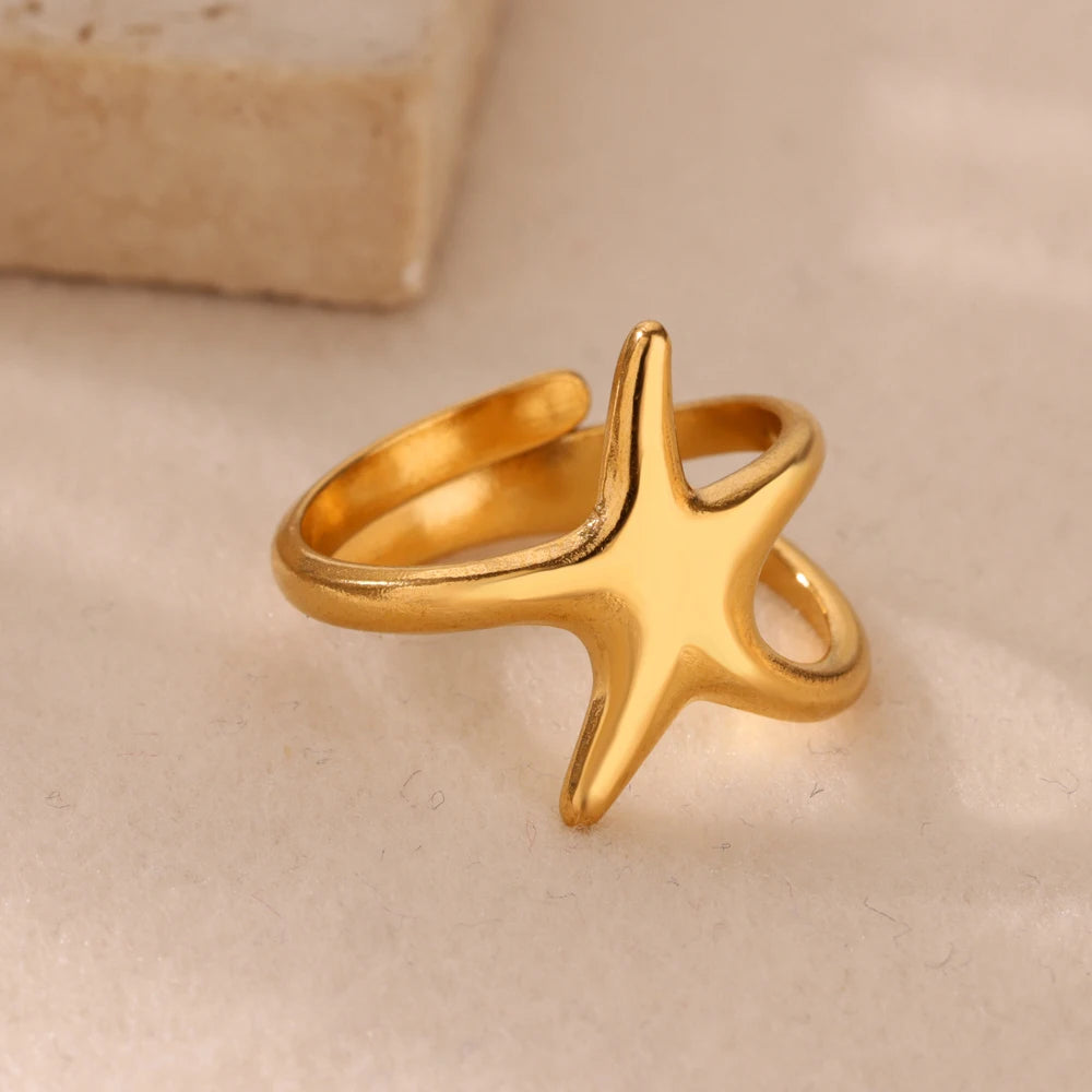 Ocean Starfish Shell Open Rings For Women Gold Color Stainless Steel Ring Summer Beach Aesthetic Waterproof Jewelry Gift - Clikcy