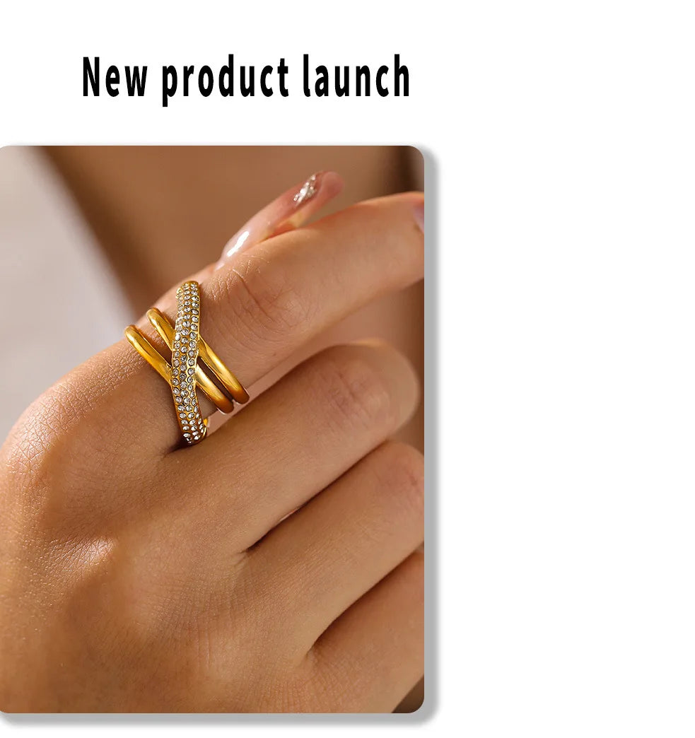 Chic Stainless Steel Rings for Women Inlaid CZ Women Rings Wedding Banquet Charm Rings Waterproof Gold Plated Jewelry - Clikcy