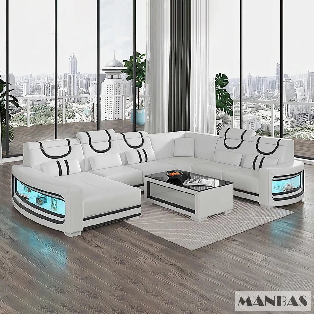 Upgrade Your Living Room with MANBAS Italian Genuine Leather Sofa - 2 Colors Combination, LED Light & Soft Cushions - Clikcy