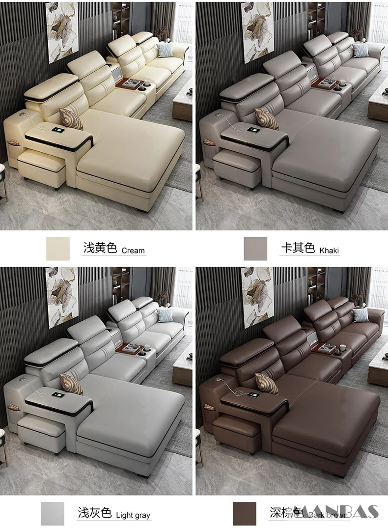 MINGDIBAO Leather Sectional Sofa Set with Cup Holder, USB, Adjustable Headrests & Bluetooth Speaker Living Room Couch with Stool