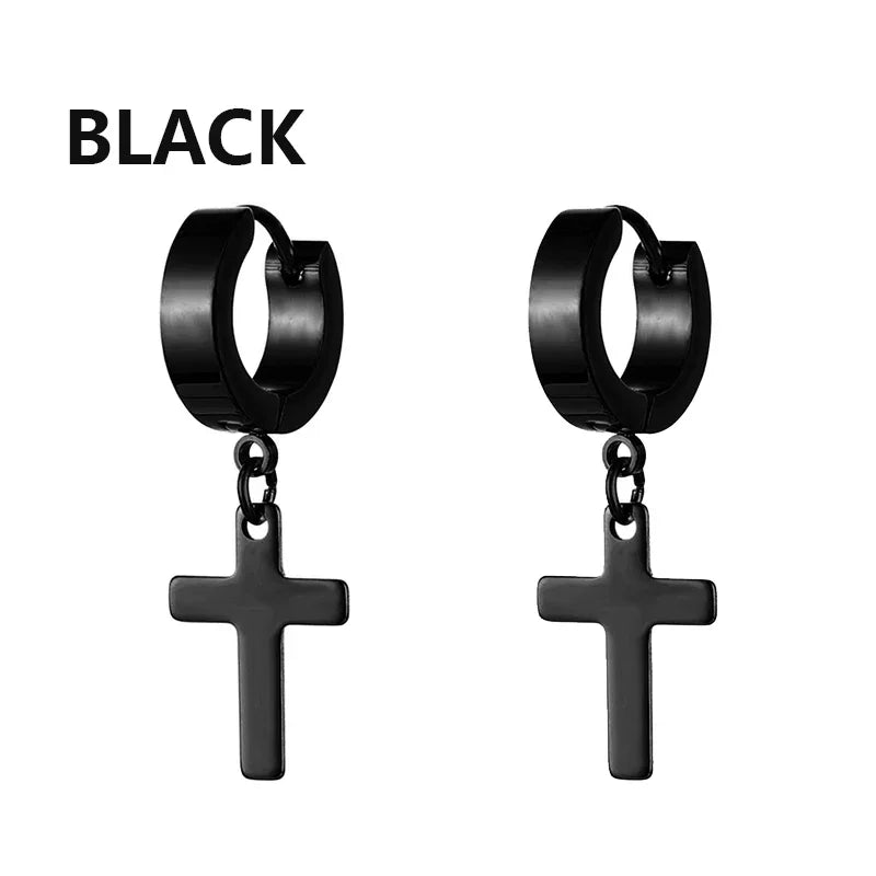 2pc Stainless Steel Men Cross Stars Punk Dangle Earrings Gothic Woman Cross Ear Hoop Earrings Huggies Pendant Piercing Jewelry - Clikcy