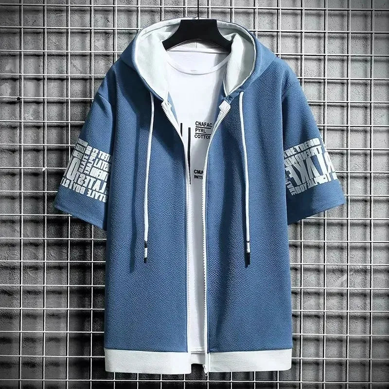 Fashion Men's Hoodies Summer Men Clothing T-shirt Zipper Hood Cartoon Casual T Shirt Print Hooded Top Short Sleeve Men - Clikcy