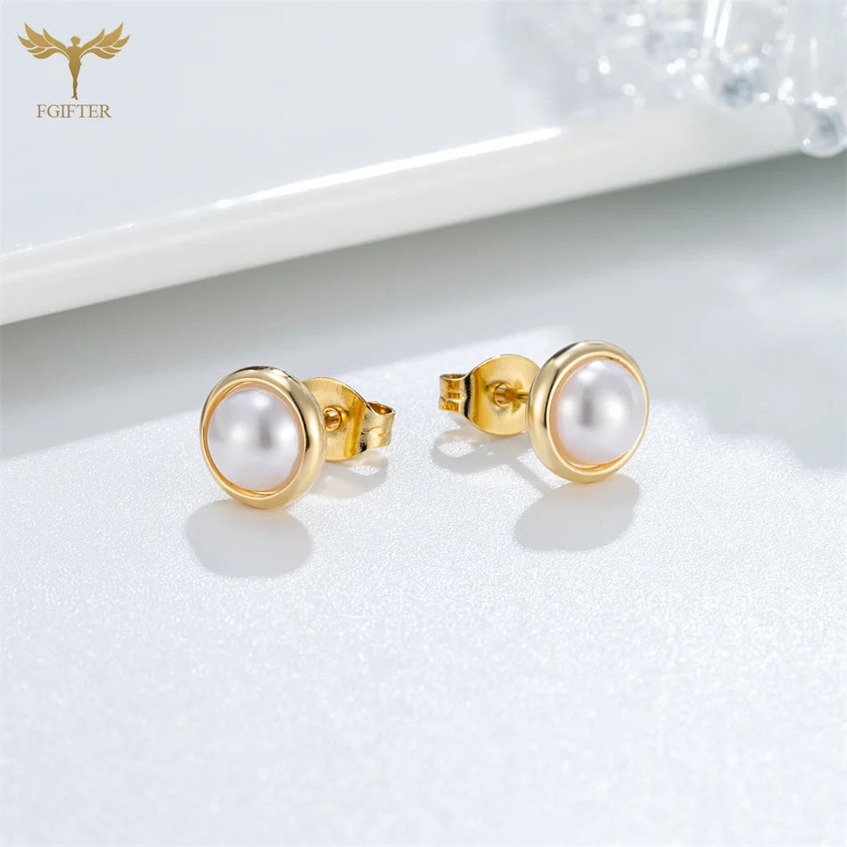 12 Pair Round Pearl Earrings for Women Girl Simple Ear Piercing Jewelry Golden Stainless Steel Stud Earrings Set Fashion Jewelry - Clikcy
