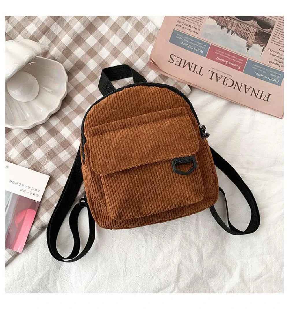 Women's Mini Backpack Fashion Solid Color Corduroy Small Simple Casual Traveling Large Capacity Durable Female's Schoolbag - Clikcy