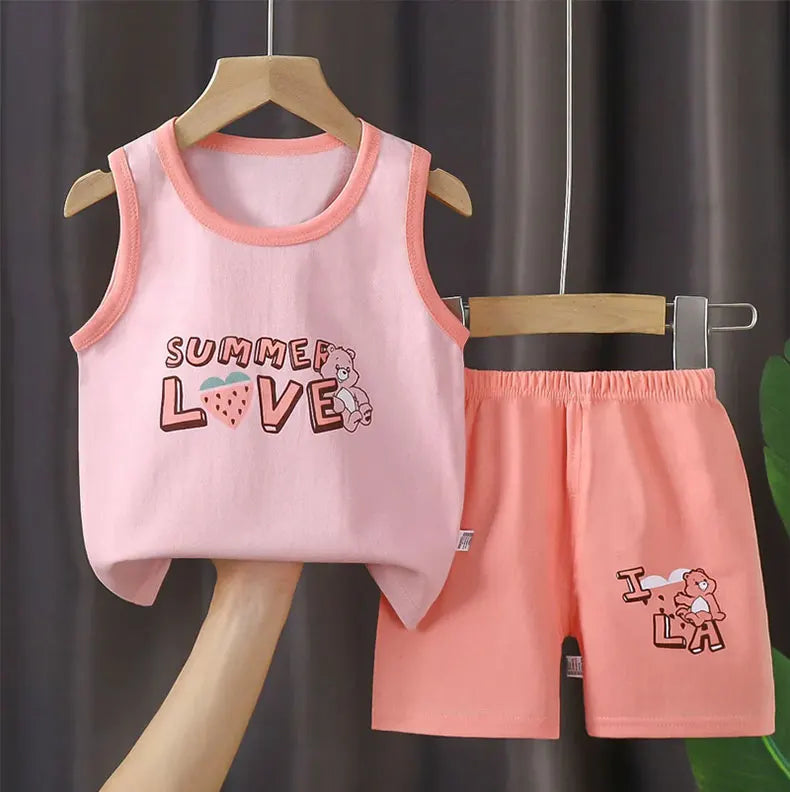 Children Sets Kids Clothes Boys Girls Vest Suit  Summer Children's Clothing baby Cotton T-Shirts Shorts Tank Top Sleeveless - Clikcy