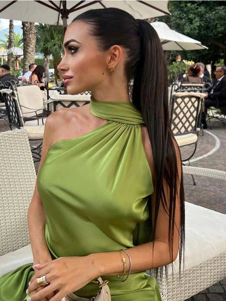 Sexy Satin Ribbon Party Dress Women Elegant Halter Backless Off Shoulder Sleeveless Female Dresses 2024 Summer Solid Robe Gown - Clikcy