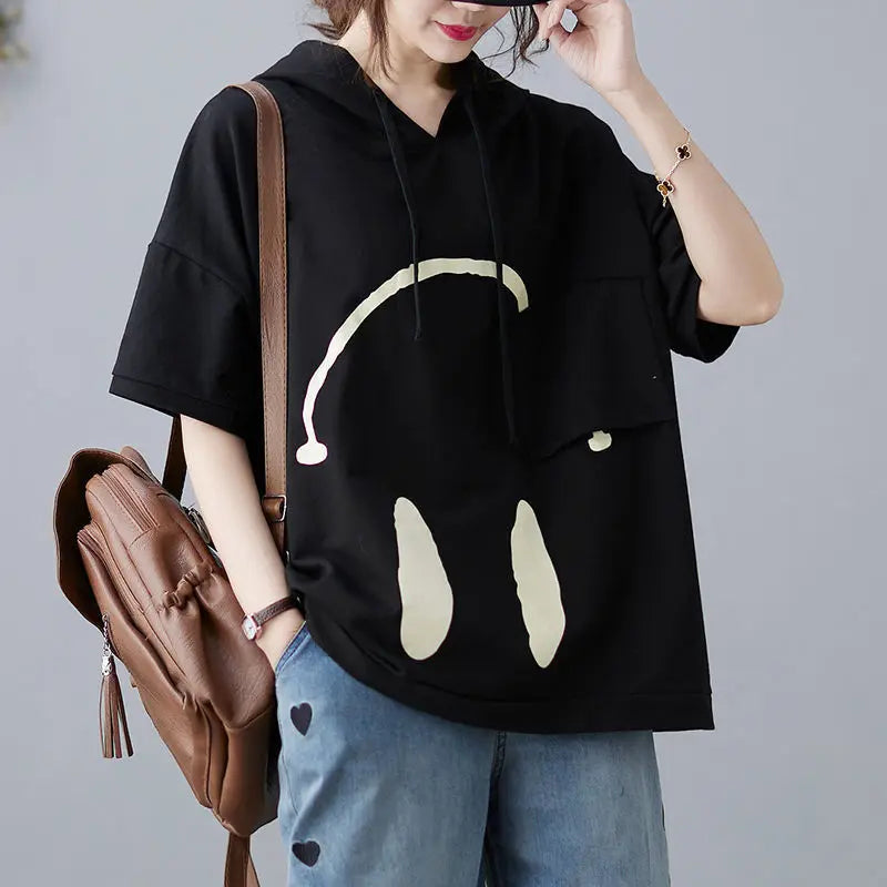 2024 New Summer Fashion Edition Fresh and Age Reducing Loose Casual Oversized Printed Hooded Short Sleeved Women's Hoodie - Clikcy