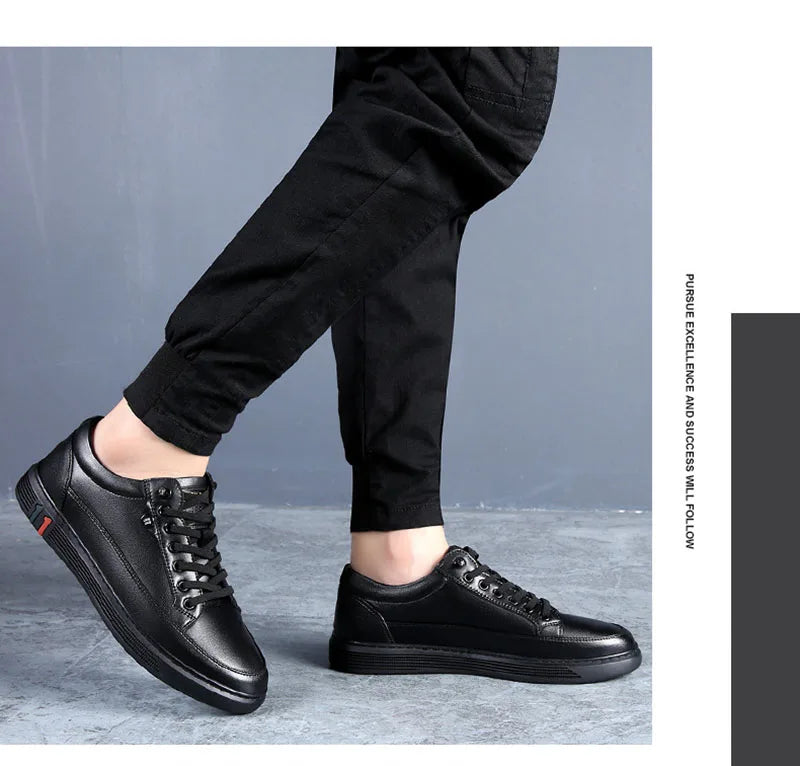 Spring Autumn Genuine Leather Shoes Men Footwear Soft Cowhide Casual Flat Brand Pure Black - Clikcy