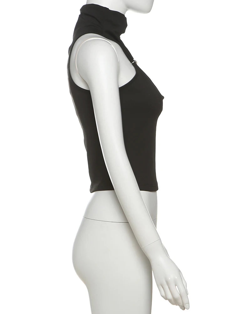 Cutenew Metal Bodycone Halter Women Tanks Classic Solid Stand Collar Skinny Cropped Vests Female Basic Fashion Streetwear Tops - Clikcy