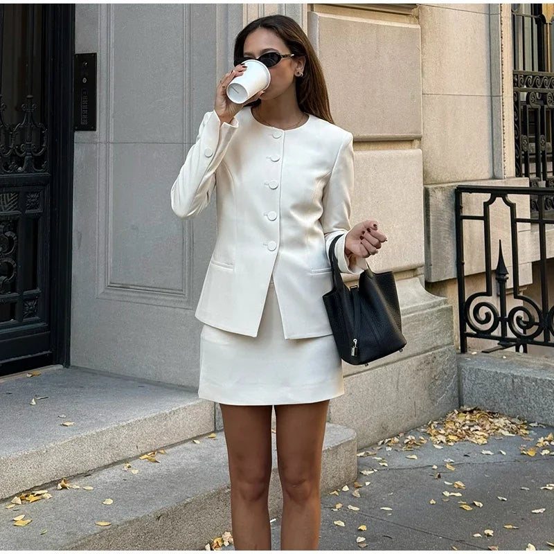 Urban Solid Blazer Skirt Set Women Slim O-neck Single Breasted Jacket Mini A-line Skirt 2025 Spring Elegant Lady Office Outfit - Clikcy
