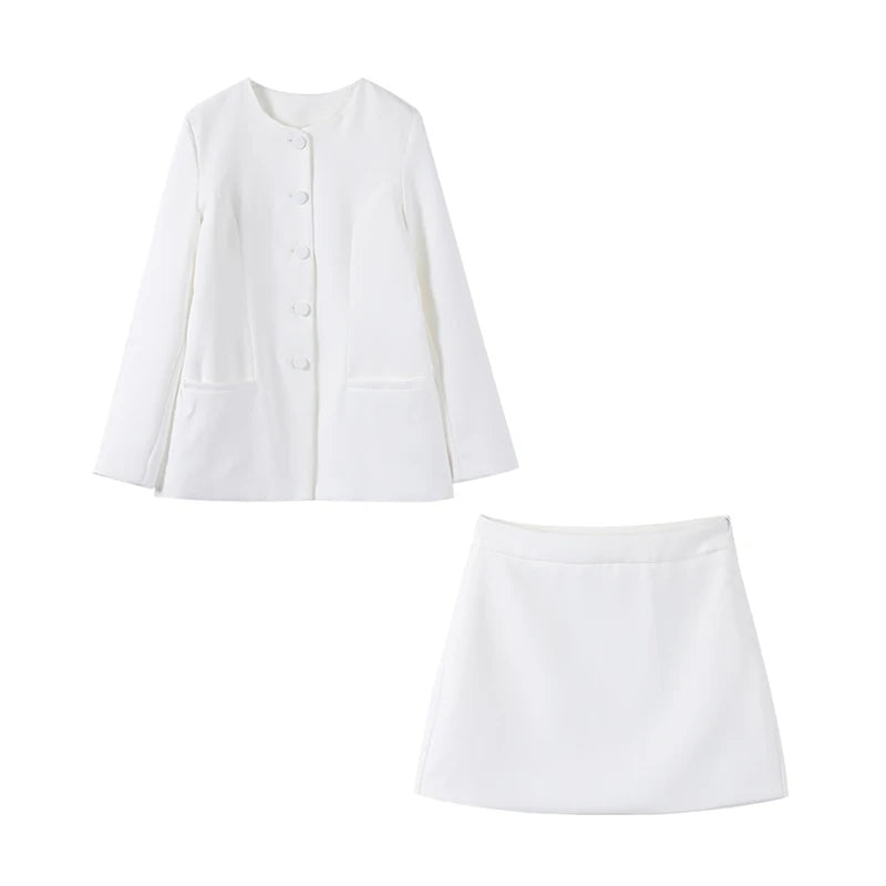 Casual Single Breasted Loose O-neck Blazer Coat Elegant Solid Skirt Set for Women High Waist Skirts Female 2025 Spring Outfit - Clikcy