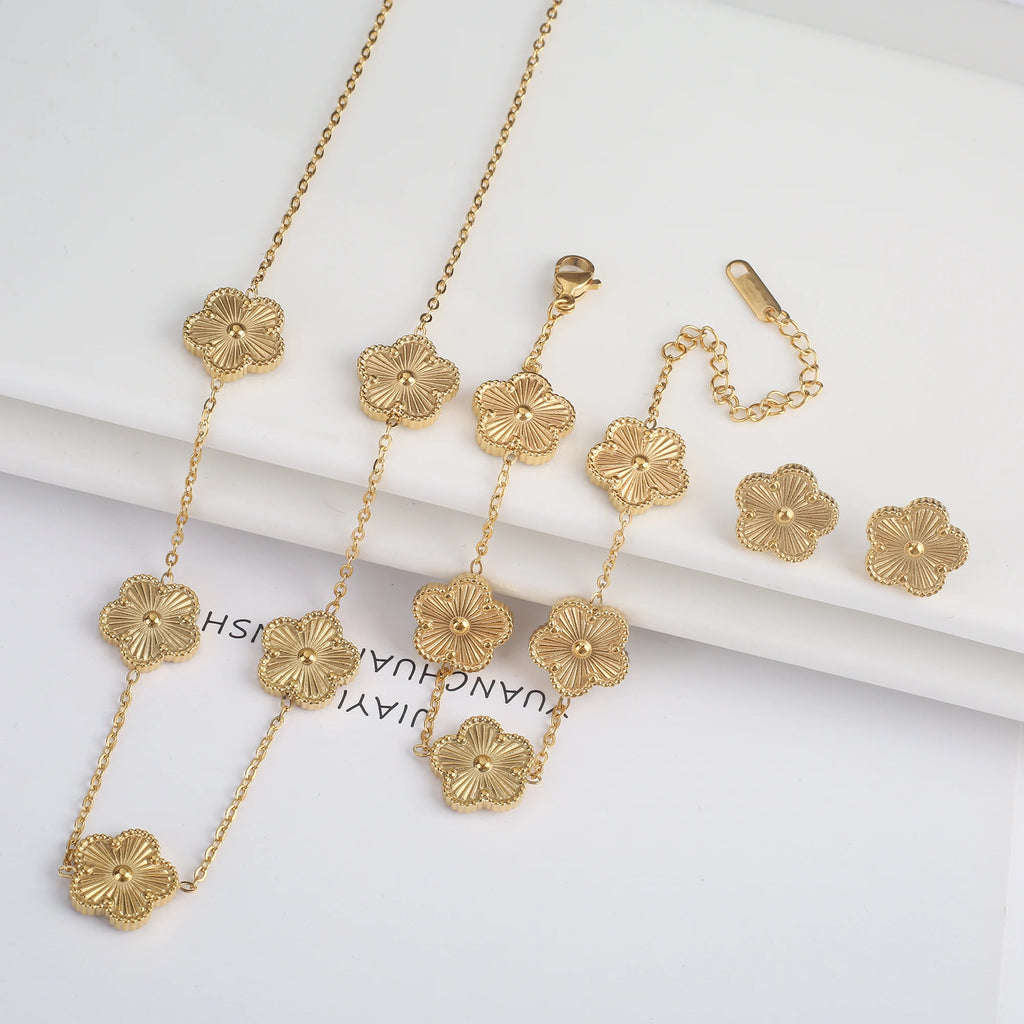 3Pcs 18k Gold-Plated Five-Leaf Flower Necklace Earrings Bracelet Jewelry Set For Woman Fashion Party Jewelry Daily Wear Clover - Clikcy