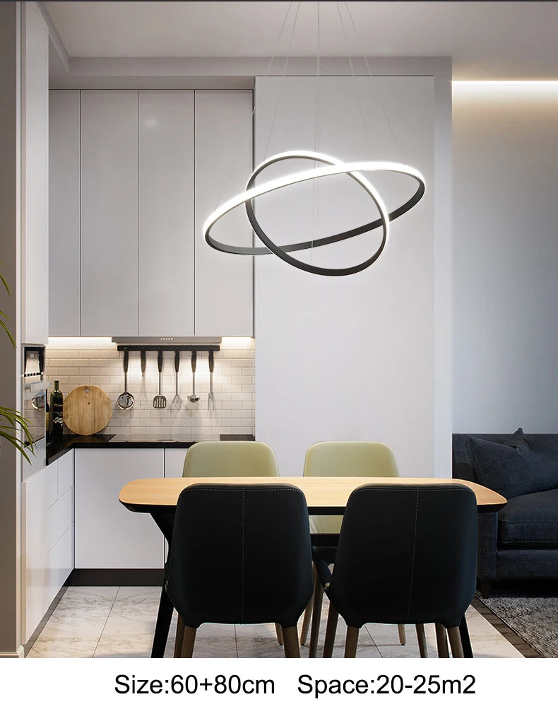 Modern Pendant Lamp Led Rings Circle Ceiling Hanging Chandelier Black Loft Living Dining Room Kitchen Indoor Lighting Fixture - Clikcy