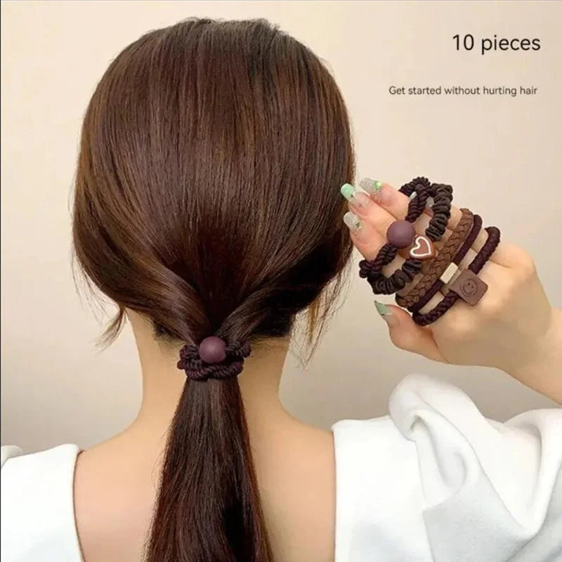 10PCS Women's Hair Ring Set Hair Accessories High Elasticity Leather Band Simple Temperament High Ponytail Durability New Style - Clikcy