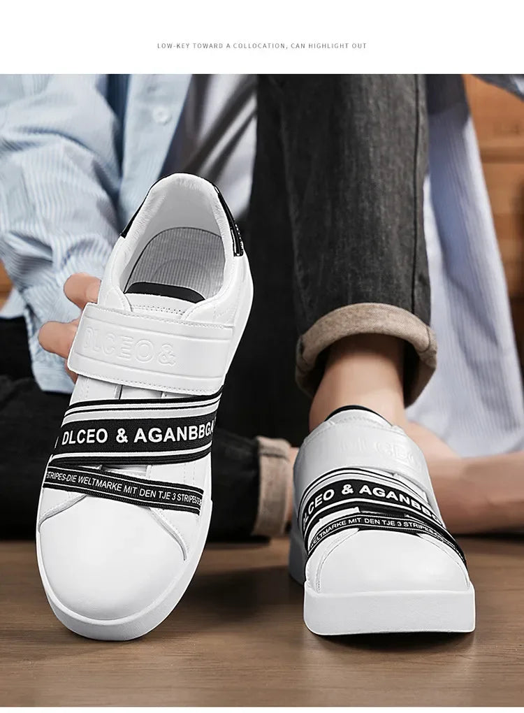 Original Design Leather Sneakers Men Trendy HOOK&LOOP Non-slip Men's Skateboard Shoes Fashion White Casual Sports Shoes For Men - Clikcy