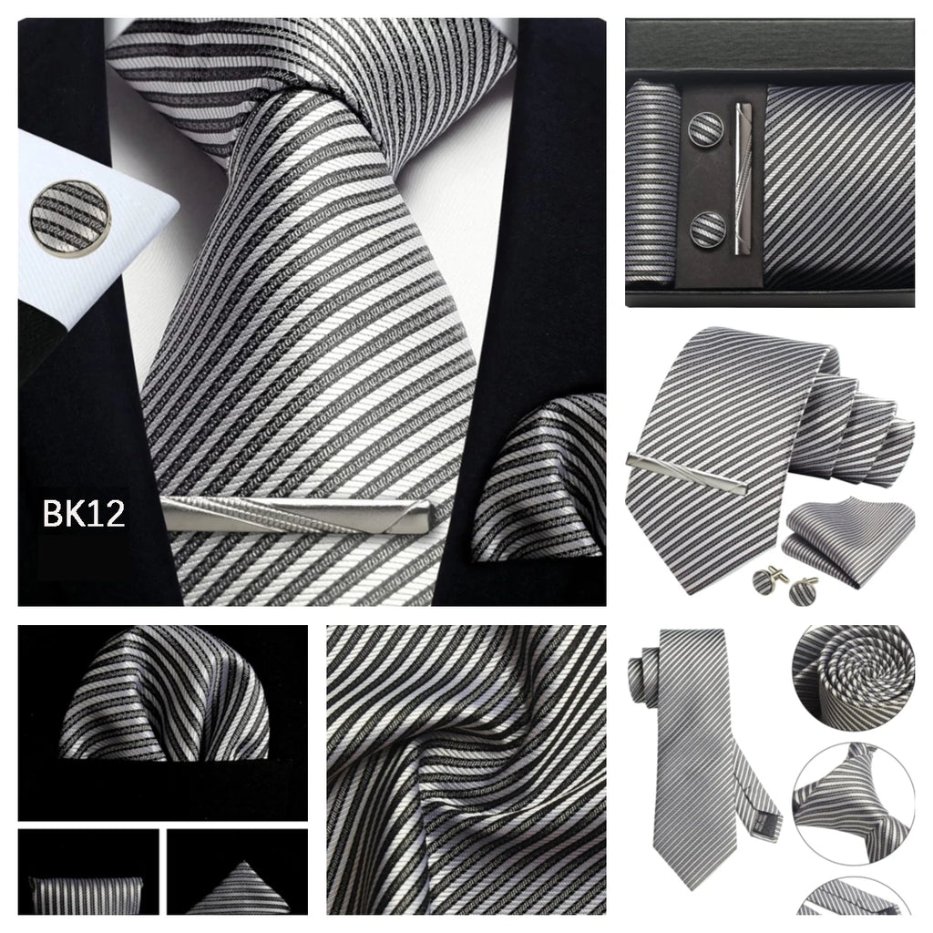 Classic 100% Silk Men's Ties In Gift box 8cm Plaid Dot Striped Business Necktie Handkerchief Cufflinks Wedding Party Tie Set - Clikcy