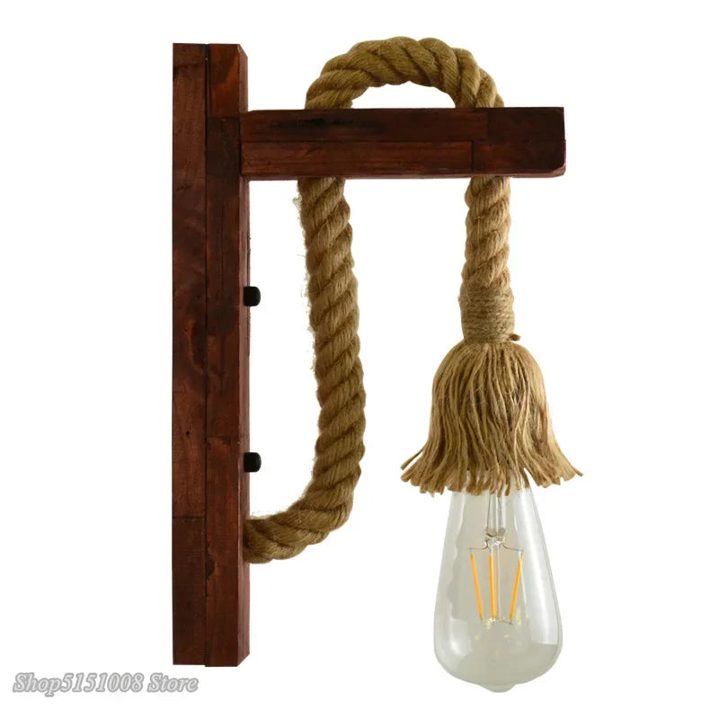 Vintage Hemp Rope Wall Lamp with Plug Wood Wall Lamp E27 Indoor Loft Outdoor Corridor Wall Lights Industrial Sconce Bedside Lamp - Clikcy