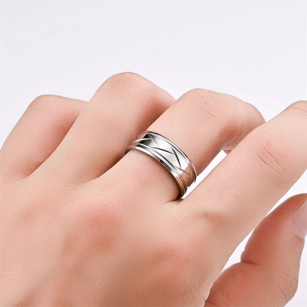 Fashion Men’s Silver Color Black Stainless Steel Ring Groove Multi-Faceted Ring for Men Women Engagement Ring Anniversary Gifts - Clikcy