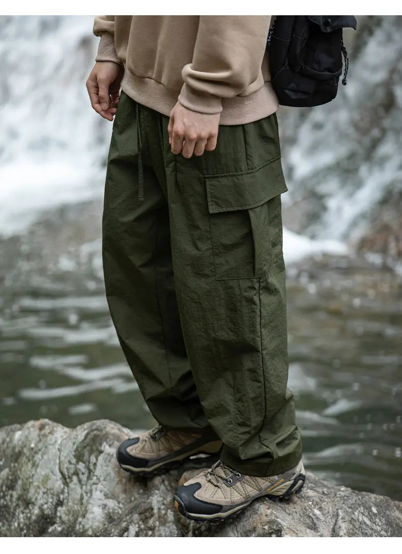 TFETTERS 2025 Autumn Casual Pants Men Waterproof  Thin Mid Waist Solid Color Men Cargo Pants Tourism Outdoors Riding Trousers - Clikcy