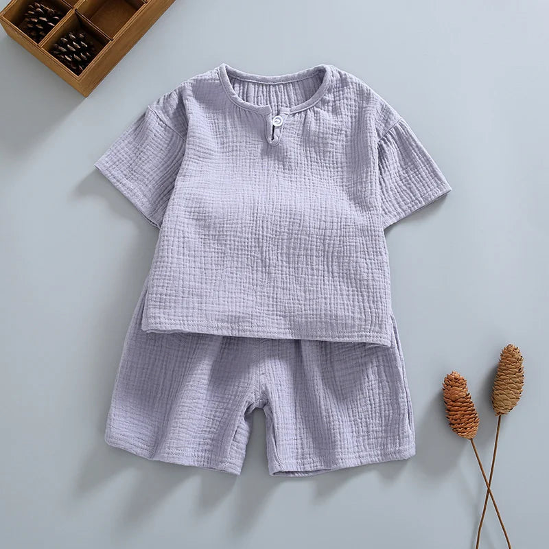 Summer Clothing Sets Organic Double Gauze Cotton Home Wear Kids Clothes Suit Summer Kids Pajama Short Sleeve Shorts Suit White - Clikcy