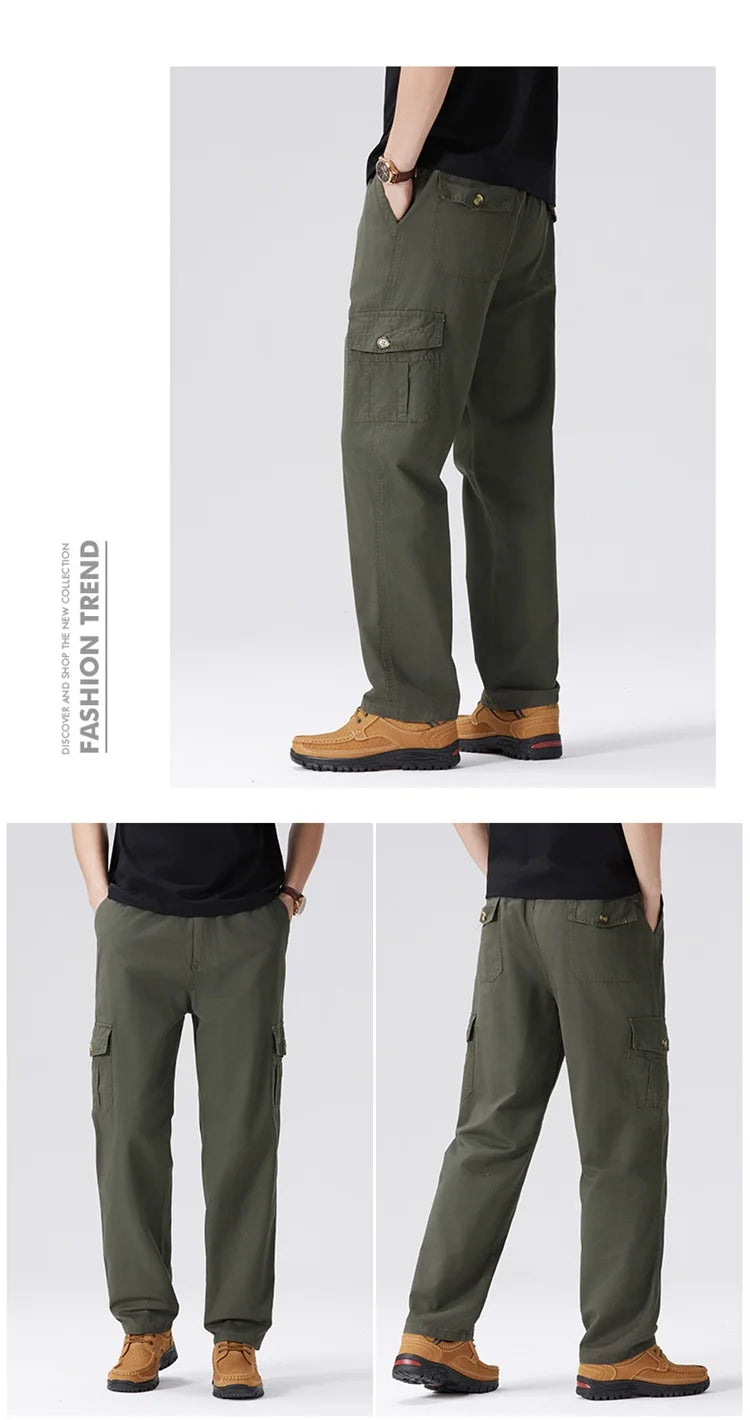 100% Cotton Men's Cargo Pants Straight Fit Loose Work Trouser Male Spring Summer High Waist Big Size Large Plus Elastic Pocket - Clikcy