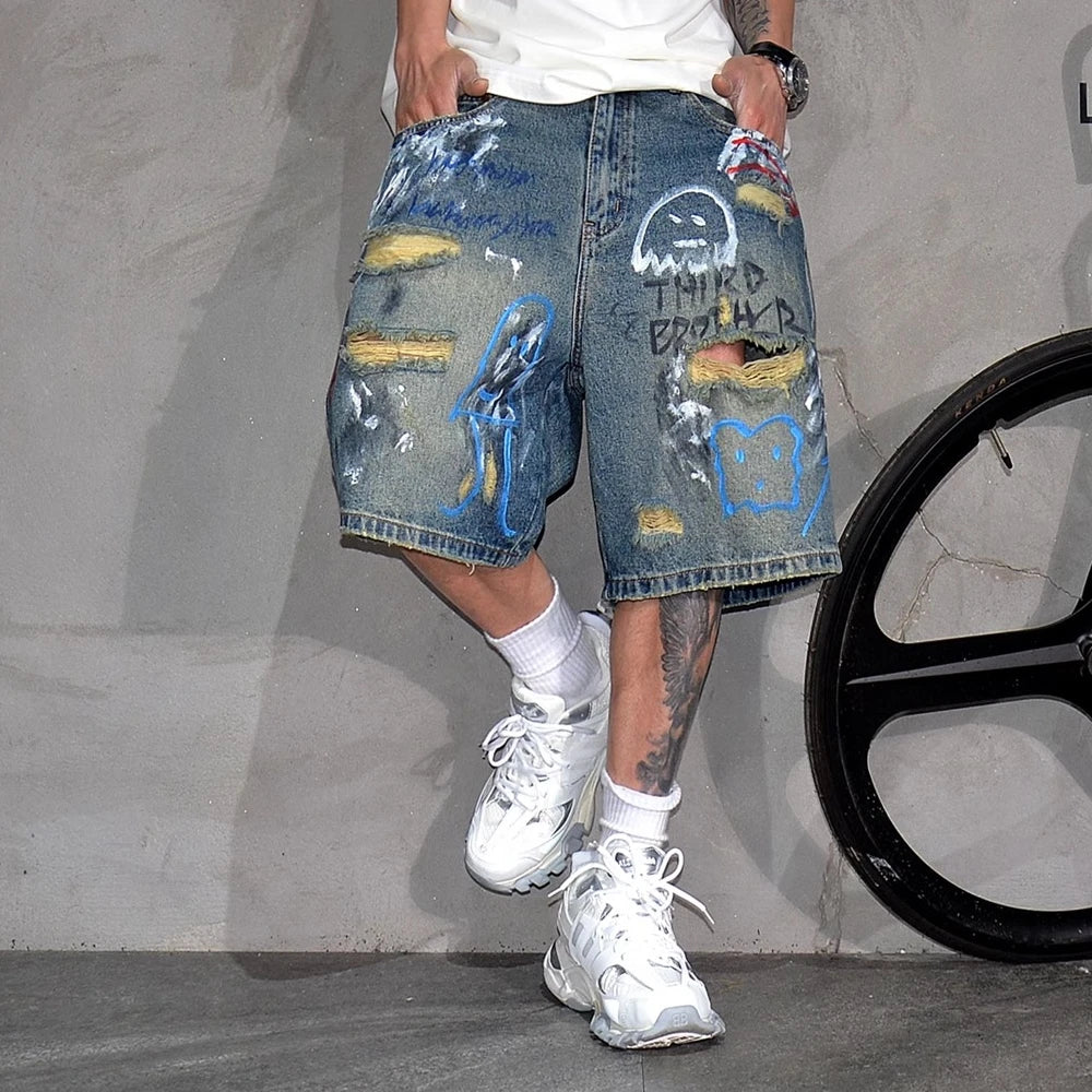 Mens Summer Ripped Distressed Denim Shorts 5 Inch Korean Style Streetwear Hip Hop Graffiti Skate Trendy Mid Blue jorts Male - Clikcy