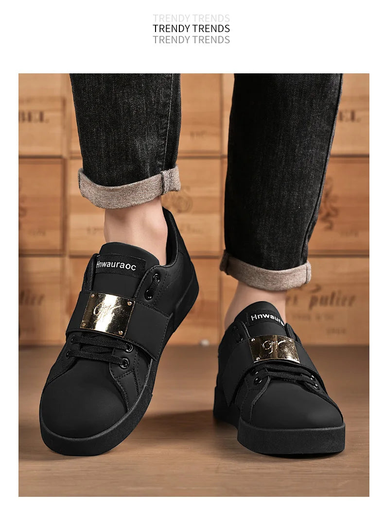 HKDQ Classic Black Sneakers For Men Fashion Design Leather Casual Sneakers Man Street Style Comfortable Men's Skateboard Shoes