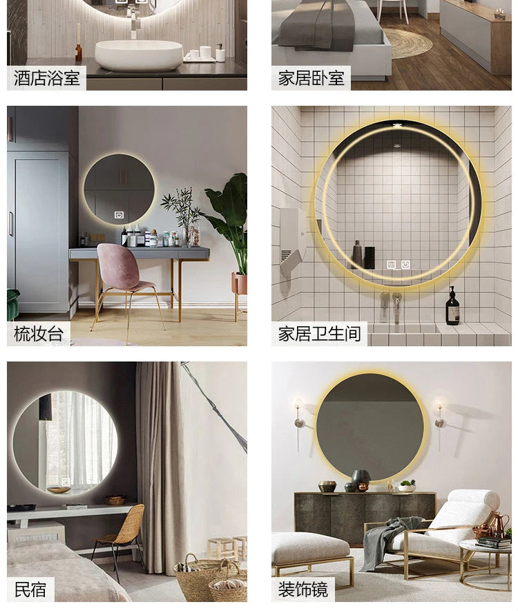 40/50/60CM Round Smart Hotel Bedroom Defogging Decorative Mirror LED Bathroom Mirror 3 Color Adjustable Backlight With - Clikcy