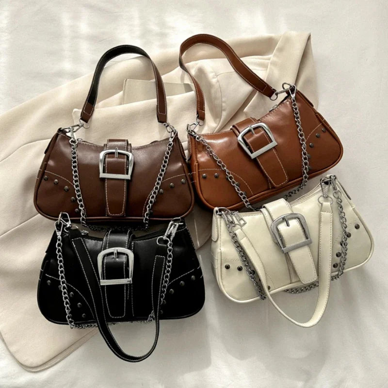 Vintage Rivet Women's Shoulder Bags Solid Color Ladies Underarm Bag Fashion Chain Small Handbags PU Leather Female Tote Purse - Clikcy