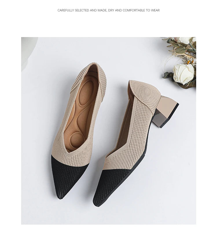 Women's large high-heeled shoes Multicolor pointy knit breathable comfortable anti-skid rubber sole work shoes 2023 new autumn