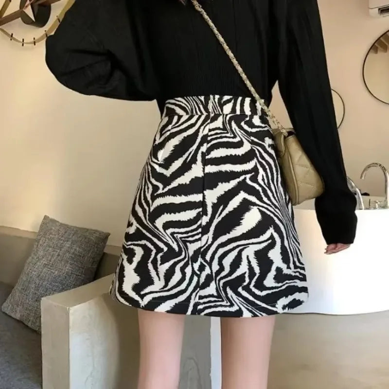 2025 Korean Zebra Print Midi Skirt Women Autumn New Female A-line High Waist Loose Skirts Vintage Mini Skirt - Clikcy