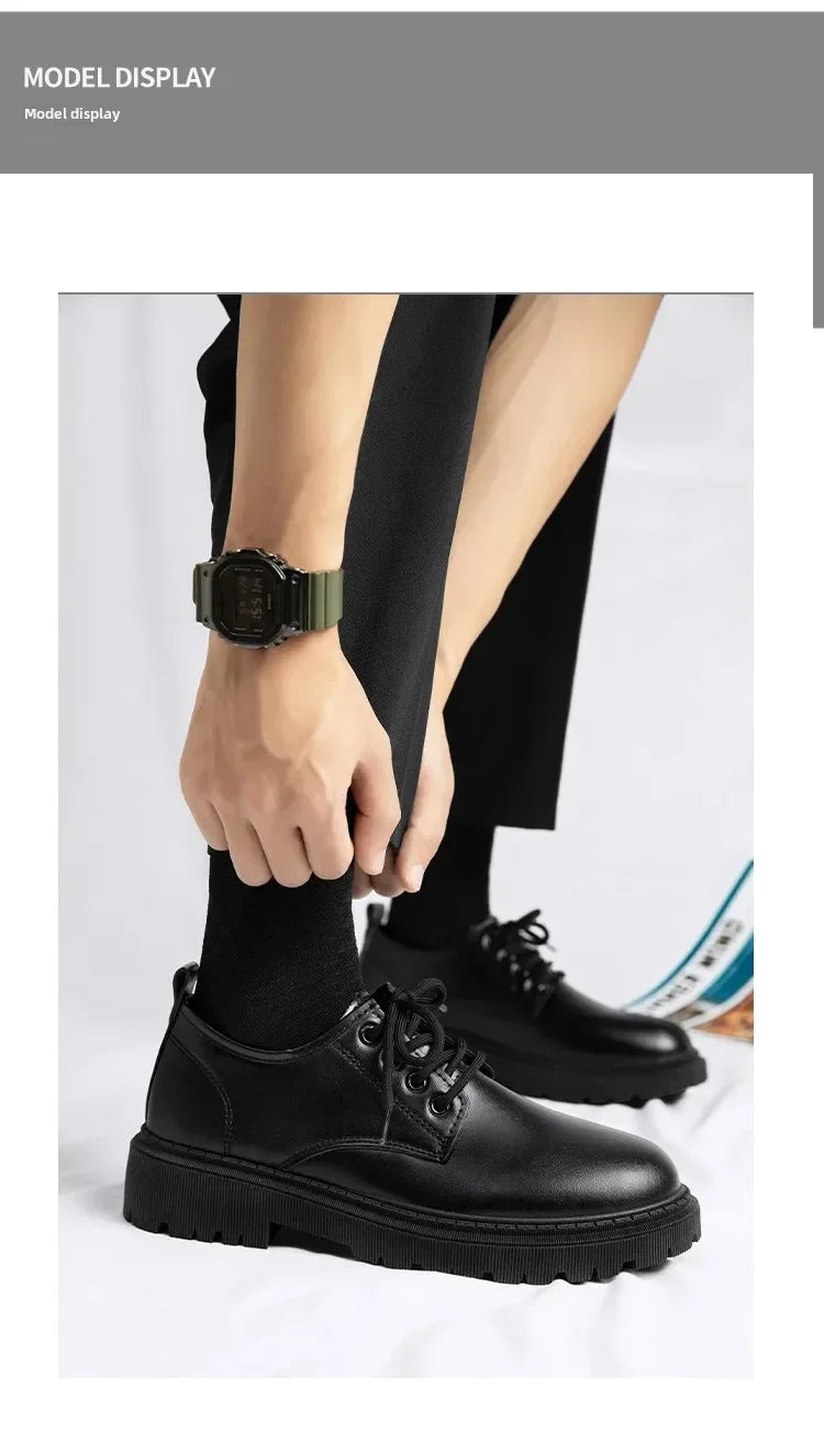 Casual Men's Pure Black Lace-up Height-increasing Business-style Low-heeled, Comfortable and Durable Small Leather Shoes