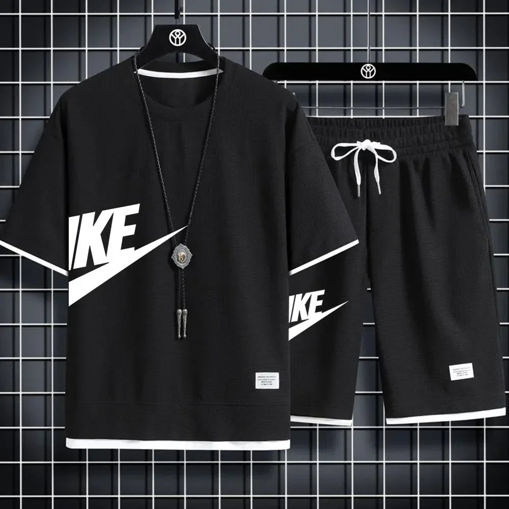 2024 Men's casual two-piece tracksuit Short sleeve and pants Summer Sports Fitness Jogging men's waffle suit fake two pieces - Clikcy