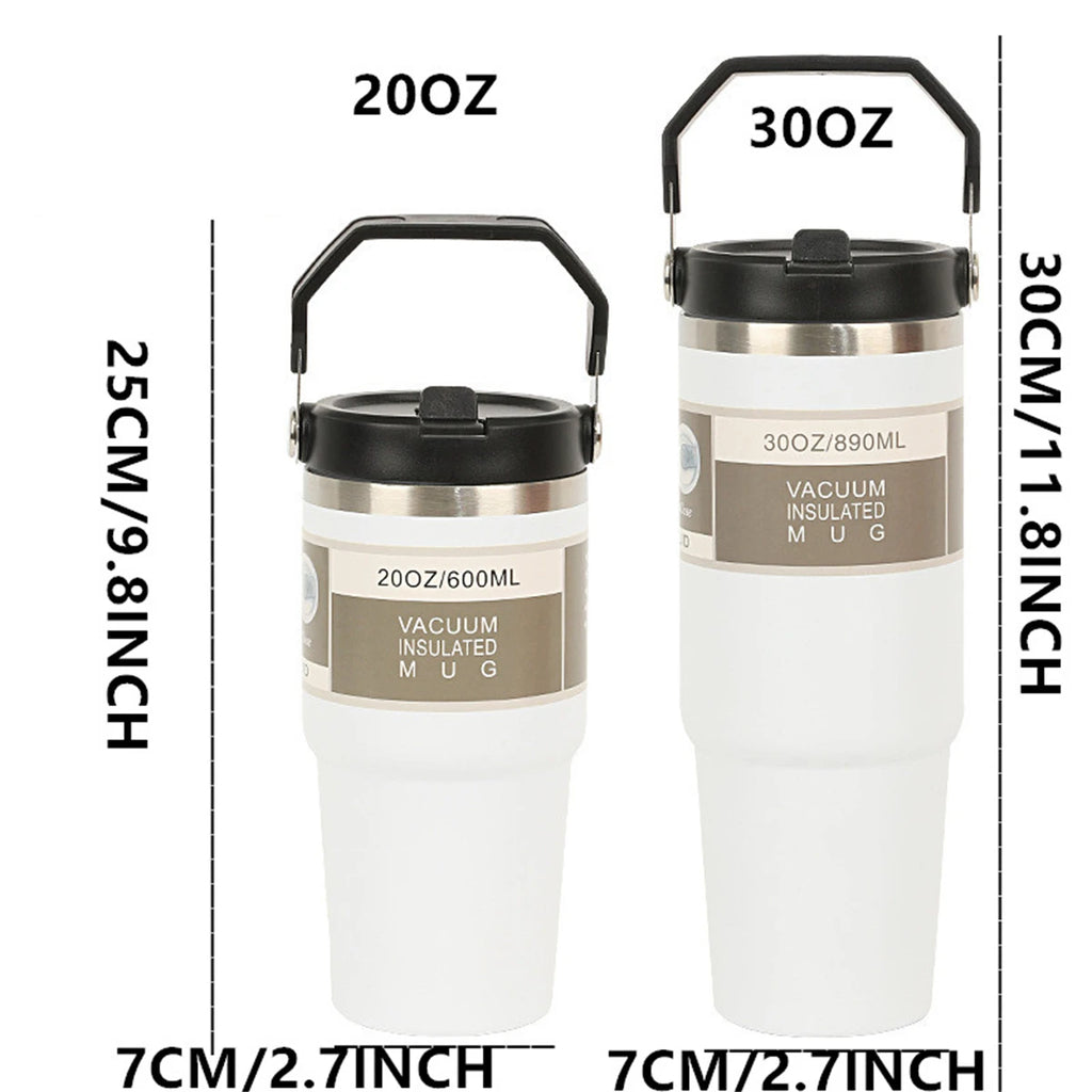 1pc Vacuum Tumbler with Lid Stainless Steel Portable Water Bottle with Dazzling Handle Insulated Tumbler Tote Handle 20/30OZ - Clikcy