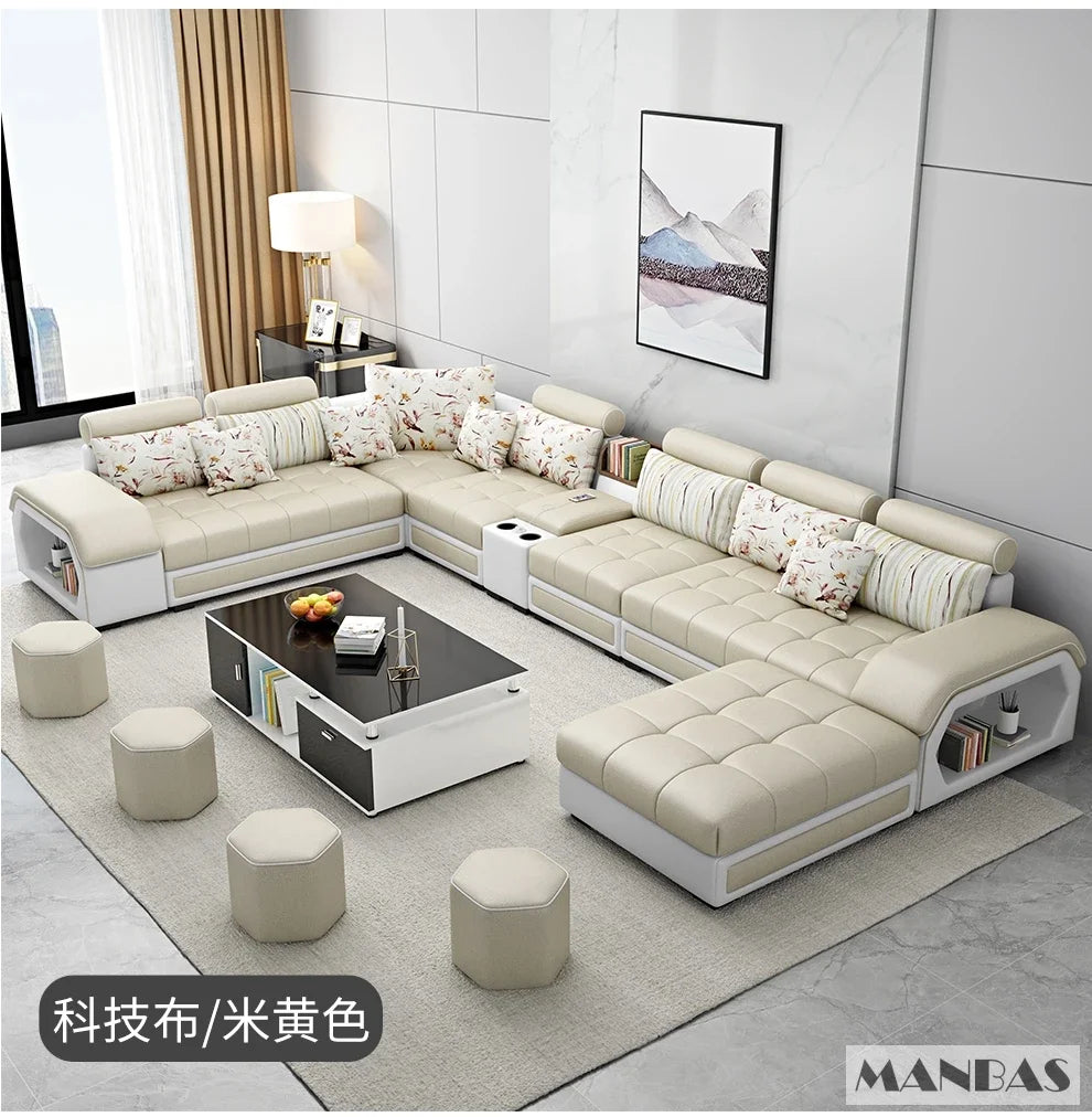 Linlamim Fabric Sofa Set Furniture Living Room Sofa Set with USB and Stools / Big U Shape Cloth Couch Sofas for Home Furniture - Clikcy