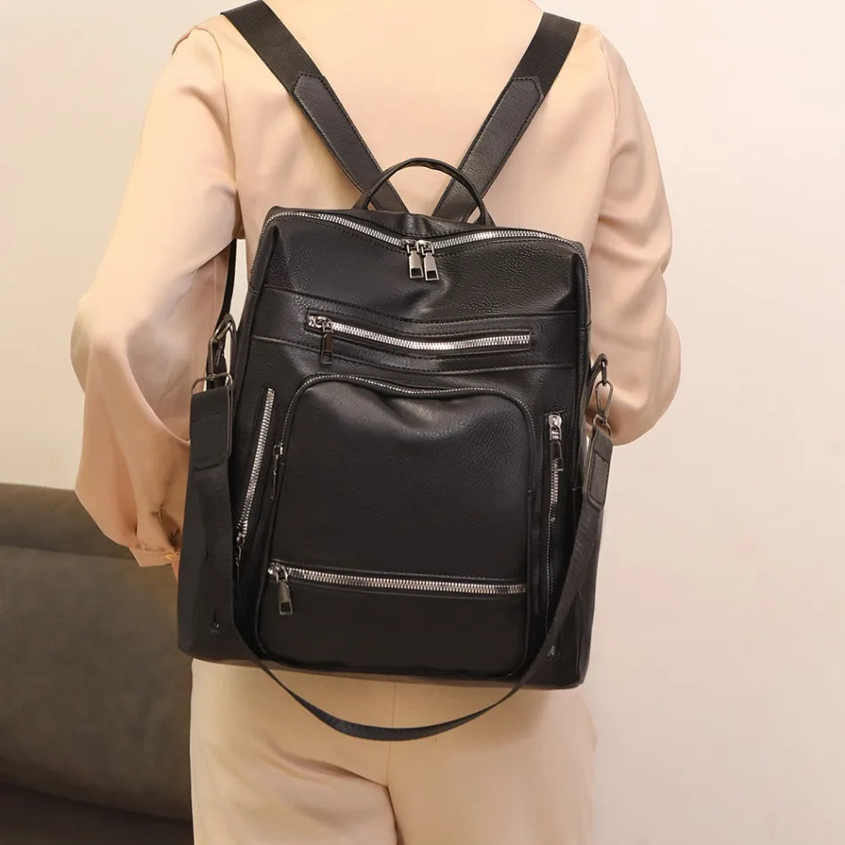 High-quality Leather Women Classic Back Pack 2025 Solid Color Luxury Travel Backpack Casual School Bags Girls Mochilas Feminina - Clikcy