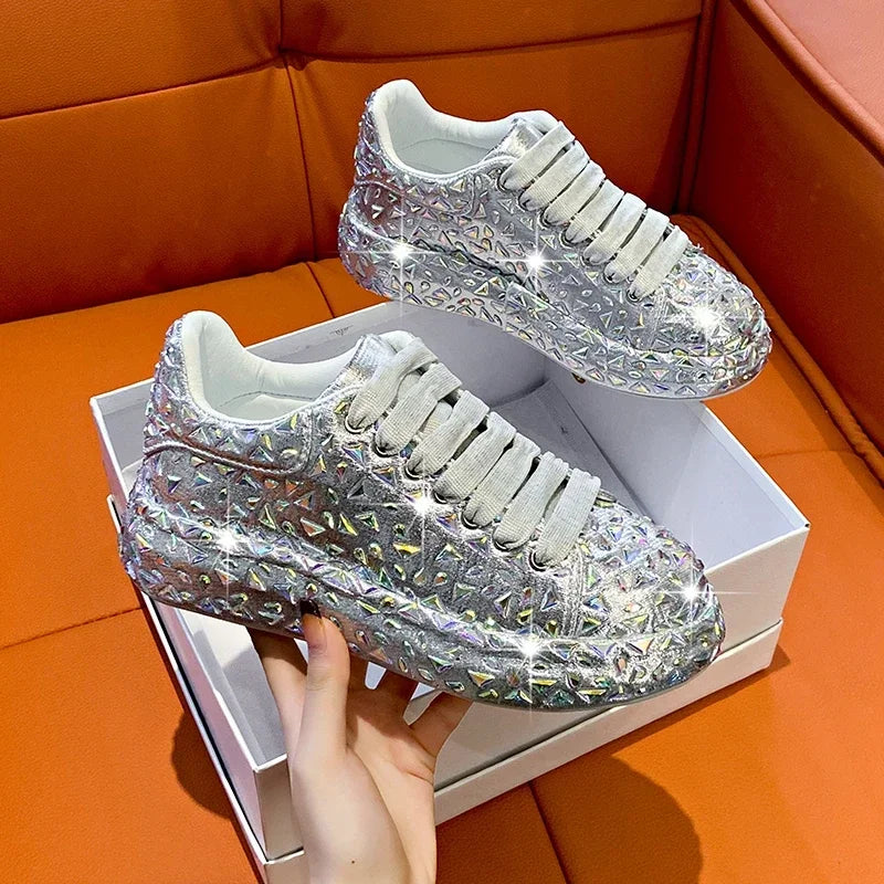 2025 Autumn Leather Women Shoes New Style Fashion Platform Shoes Ins Platforms Sneakers Tide Shine Bling Rhinestone Shoes - Clikcy
