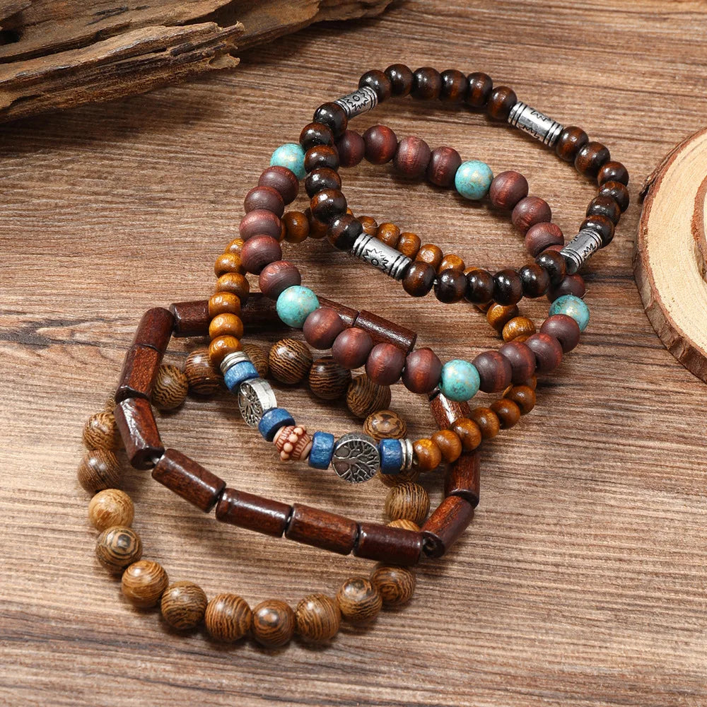 Cross Life Tree 5Pcs/set Vintage Bronze Ethnic Casual Wood Beads Feather Charm Leather Women Bracelets Men Male Jewelry - Clikcy