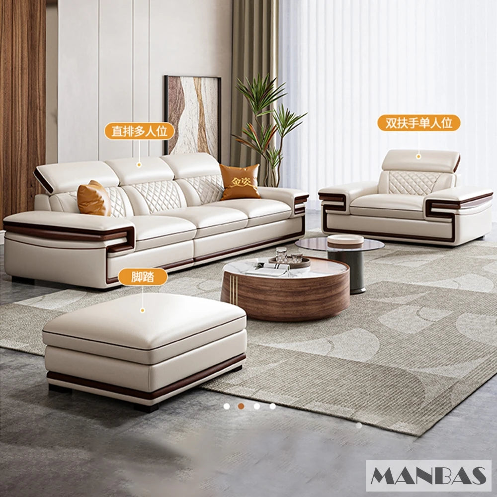 MINGDIBAO Premium Italian Genuine Leather Sofa Set for Living Room with Adjustable Headrests, Bluetooth Speaker, Wireless Charge - Clikcy