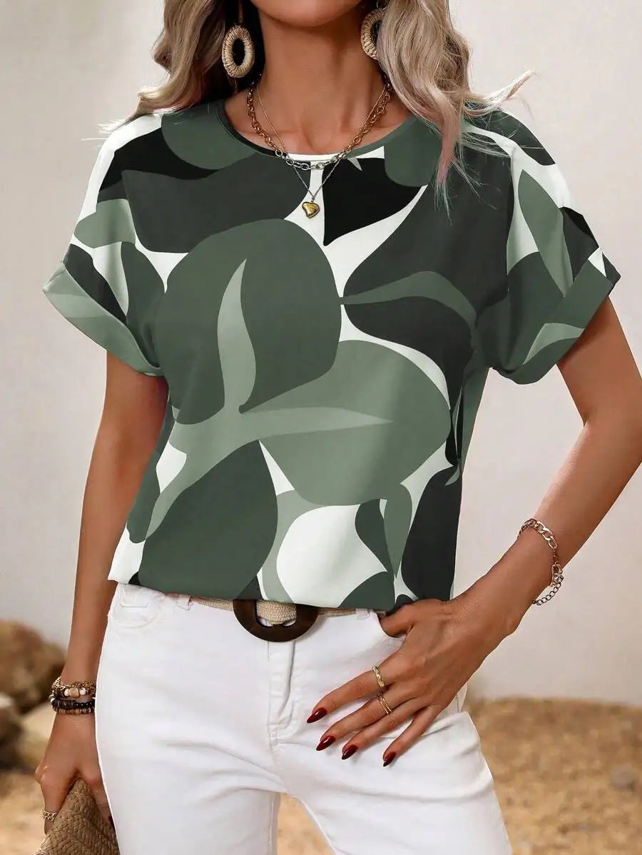 Women's round neck T-shirt Summer outdoor fashion short-sleeved tops Oversize loose ladies clothing Flower printing trend style - Clikcy