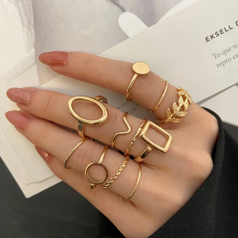 11 Pcs/Set Olive Branch Leaf Geometry Rings Set for Women Combination Creative Joint Ring Fashion Party Jewelry Gift - Clikcy